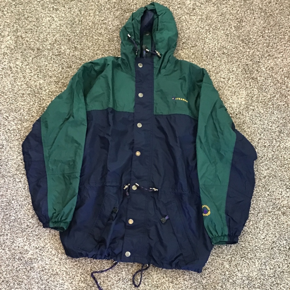 ⚾️ Vintage Stearns Waterproof Drywear Green Blue Hooded Rain Coat Sz M